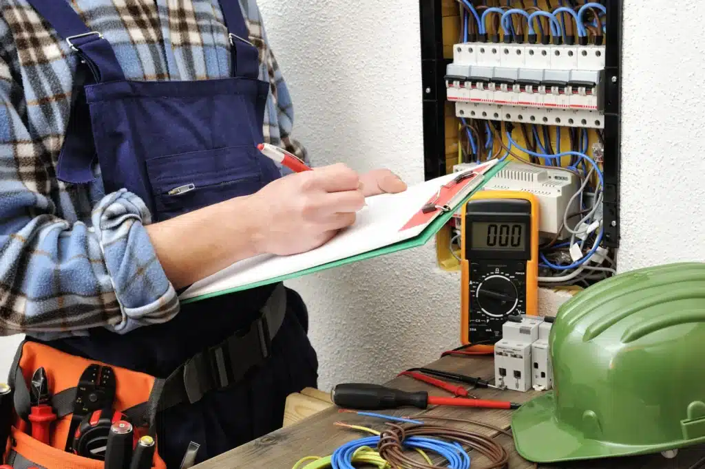 Electrician servicing panel